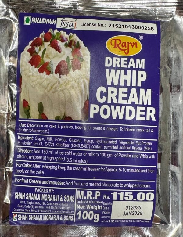 TPV® 1 PC White Rajvi Whip Cream Powder (100 Gm), Used for Decorating Cakes, Pastries, Topping for Sweets, and Desserts, To thicken Mocktail, Can be used in Fruits