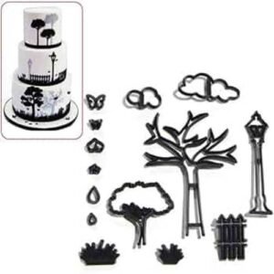TPV® 14Pcs/Set Park Theme Silhouette Cookie Cutter Plastic Plant Tree Grass Street Lamp Fondant Biscuit Cutter Sugarcraft Cake Decorating Tools