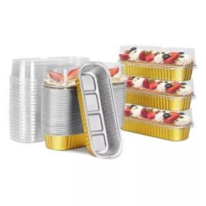 TPV® Convenient 50-Pack Mini Loaf Pans with Lids -Aluminum Foil Baking Containers for Cupcakes, Cheesecakes (Golden)