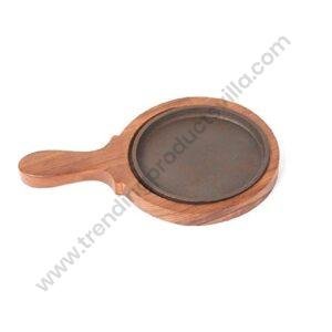 TPV® Round Brownie Sizzler Plate Wooden Base and Cast Iron (6 inch Sizzler Plate with Handle)