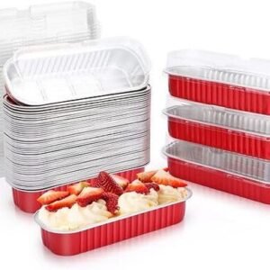 TPV® Convenient 50-Pack Mini Loaf Pans with Lids -Aluminum Foil Baking Containers for Cupcakes, Cheesecakes (RED)