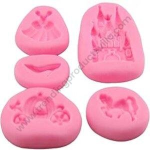 TPV® 5 Cavity Silicon Castle Horse Crystal Shoes Dress Pumpkin Car Fairy Fondant Marzipan Mould