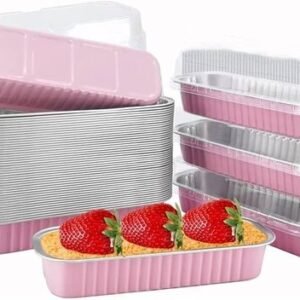 TPV® Convenient 50-Pack Mini Loaf Pans with Lids -Aluminum Foil Baking Containers for Cupcakes, Cheesecakes (Pink)