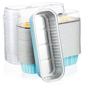 TPV® Convenient 50-Pack Mini Loaf Pans with Lids -Aluminum Foil Baking Containers for Cupcakes, Cheesecakes (Blue)