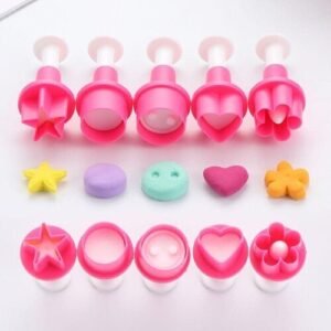 TPV® Set of 5 Fondant Plunger Cutters Shapes : Heart, Round, Star, Flower and Smiley for Cake Decoration