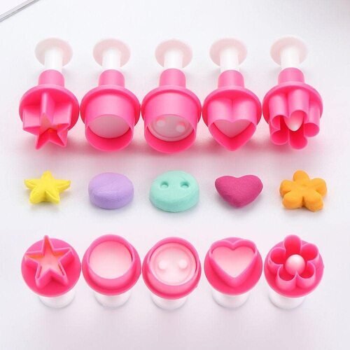 TPV® Set of 5 Fondant Plunger Cutters Shapes : Heart, Round, Star, Flower and Smiley for Cake Decoration