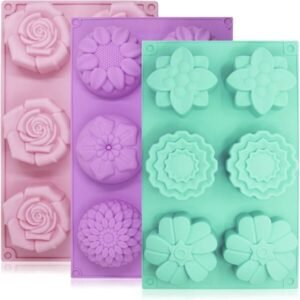 TPV® 6-Cavity Silicone Flower Shape Cake Molds, 3 Packs Fondant Shape Decorating Ice Cube Trays For Homemade Cake Chocolate Cupcake -Random Colour