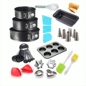 TPV® Baking Combo 3 Pcs Round Cake Tins- 18 Cms, 20 Cms & 22 Cms, Balloon Whisk, 6 Slot Muffin Tray, Measuring Cups, Brush, Spatula, Bread Loaf, Cookie Cutter, Cake Scrapper, Nozzles