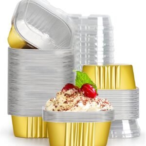 TPV® Aluminum Foil Baking Cups with Lids, 10oz 100pcs Disposable Ramekins with Lids, Muffin Cups for Baking, Square Cupcake Pans, Mini Cake loaf Bread Pans with Lids for Party Favor Birthday ( yellow )