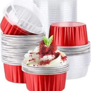 TPV® Aluminum Foil Muffin Cupcake Ramekin, 50pcs 5oz 125ml Disposable Aluminum Foil Muffin Cupcake (red)