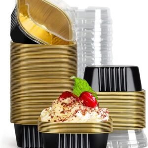 TPV® Aluminum Foil Baking Cups with Lids, 10oz 100pcs Disposable Ramekins with Lids, Muffin Cups for Baking, Square Cupcake Pans, Mini Cake loaf Bread Pans with Lids for Party Favor Birthday ( black )