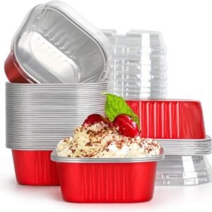 TPV® Aluminum Foil Baking Cups with Lids, 10oz 100pcs Disposable Ramekins with Lids, Muffin Cups for Baking, Square Cupcake Pans, Mini Cake loaf Bread Pans with Lids for Party Favor Birthday ( red )