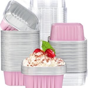TPV® Aluminum Foil Baking Cups with Lids, 10oz 100pcs Disposable Ramekins with Lids, Muffin Cups for Baking, Square Cupcake Pans, Mini Cake loaf Bread Pans with Lids for Party Favor Birthday (pink )