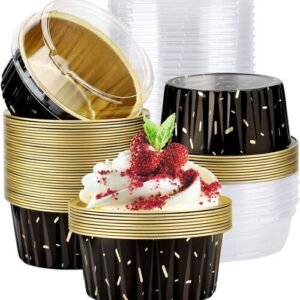 TPV® Muffin Liners, 50pcs 5oz Disposable Ramekins, Aluminum Foil Muffin Cupcake Liners Cups with Lids, Disposable Aluminum Foil Cupcake ( black )