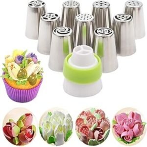 TPV® 8 Pc Stainless Steel Icing Nozzles With 1 Coupler For Decorating Cupcake Pastries Desserts Tarts Pie (Set Of 9) (Assorted Design)