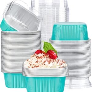 TPV® Aluminum Foil Baking Cups with Lids, 10oz 100pcs Disposable Ramekins with Lids, Muffin Cups for Baking, Square Cupcake Pans, Mini Cake loaf Bread Pans with Lids for Party Favor Birthday ( blue )