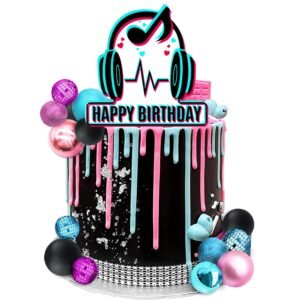 TPV® Music Cake Topper Blue Pink Black Balls Cake Decorations Mirror Balls Disco Theme Party Supplies Happy Birthday Cake Topper ( Pack of 1 )