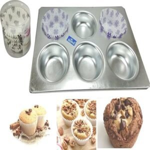 TPV® Aluminum Muffin Bakeware Tray Round For 6 Muffins + Free Pack Of 100 Pcs Paper Cups, 9 Cm