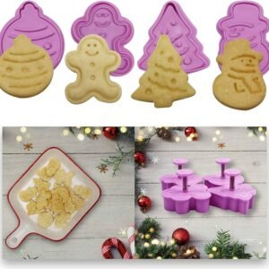 TPV® 4 Pcs Christmas Xmas Tree, Gingerbread Man, Snowman, Ornament Ball Plunger Cutter Fondant