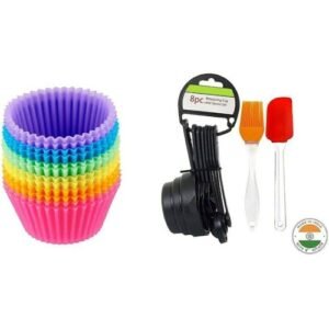 TPV® Combo - Reusable Silicone 6 Pieces Round Moulds For Muffins/Cupcake/Jelly/Cake And 8 Black Measuring Cups, Silicone Series Spatula And Brush Set.