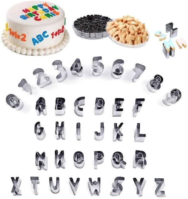 TPV® Stainless Steel Mini Alphabet And Number Cookie Cutters Small Mold Tools For Fondant Cookies, Biscuit, Cake, Fruits, Vegetables Decorating Tools Molds | Set Of 36