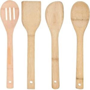 TPV® Bamboo Cooking  &  Serving Utensil Set - 4 Piece Set Spoon  &  Spatula Mix | Utensil Holder Organizer Non-Stick Wooden Kitchen Gadgets Great Gift For Chefs  &  Foodies