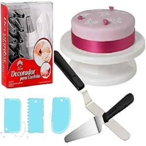 TPV® Cake Combo Of Cake Making Turn Table 7 Inch Stainless Steel Spatula, 12 Piece Of Cake Decoration Nozzles With Icing Bag And 3 Pieces Of Dough Scrapper