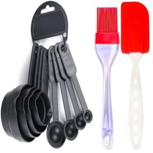 TPV® Combo-8 Pcs Black Measuring Cups And Spoons Set, Silicone Series Spatula And Brush Set