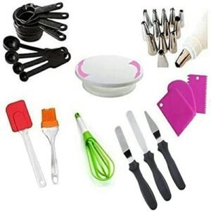 TPV® Combo Cake Making Supplies Decoration Sculpting Tools & Accessories Set Measuring Cup & Spoon, Spatula, Brush, Scraper, 3 In 1 Knife Set, Cake Table, Cake Smother And Cake Nozzle Set