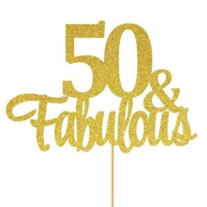 TPV® Gold Glitter 50 & Fabulous Cake Topper - 50 Anniversary/Birthday Cake Topper Party Decoration (50Th)