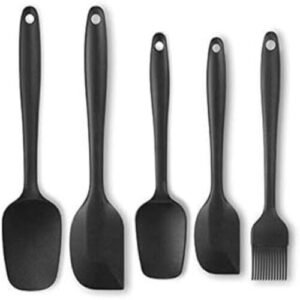 TPV® Nonstick Silicone Cooking Utensils Set Of Spatula, Whisk, Brush, Spoon, Scraper (Black) -Set Of 5 Piece