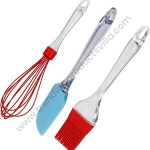 TPV® Polystyrene Handle Silicone Whisk 27Cm, Spatula 25Cm, Pastry Brush 25Cm, Set Of 3, Red