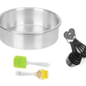 TPV® Combo Of 6 Inch Aluminium Round Shape Cake Mould With 8 Pieces Black Measuring Cups Spoons Set, Big Silicone Spatula & Oil Brush Set