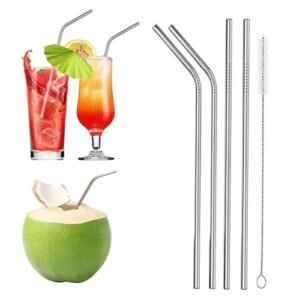 TPV® - Reusable Bpa-Free Metal, Thick, Long, Dishwasher Safe Stainless Steel Drinking Straws, 8.5 Inches (2 Straight, 2 Bend And 1 Cleaning Brush) - Set Of 4