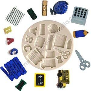 TPV® Silicon 14 Cavity School Bus Globe Scale Calculator Pencil Sharpener Books Silicone Fondant Mould Marzipan Mould