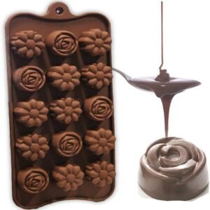TPV® Silicon 15 Cavity Mix Flower Design Brown Chocolate Mould, Ice Mould, Chocolate Decorating Mould