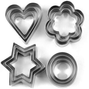 TPV® Biscuit Scones Pastry Mould Tool Set With Handle Stainless Steel 4 Shapes | Heart Flower Star Round | 3 Each | 12 Pieces Cookie Cutter