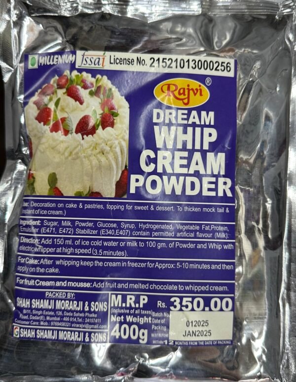 TPV® 1 PC White Rajvi Whip Cream Powder (400 Gm), Used for Decorating Cakes, Pastries, Topping for Sweets, and Desserts, To thicken Mocktail, Can be used in Fruits