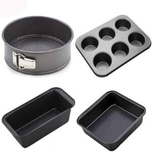 TPV® Non Stick Baking Set Carbon Steel Round Tin, Square Shape Baking Pan, 6 Slot Muffin Tray, Bread Loaf (4 Moulds Combo)
