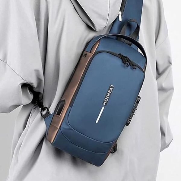 TPV® Crossbody Sling Bag For Men Women, Anti-Theft Fashion Chest Bag with USB Charging Port, Messenger Bags, Waterproof Casual Shoulder Bag ( BLUE & GOLDEN  ) - Image 2