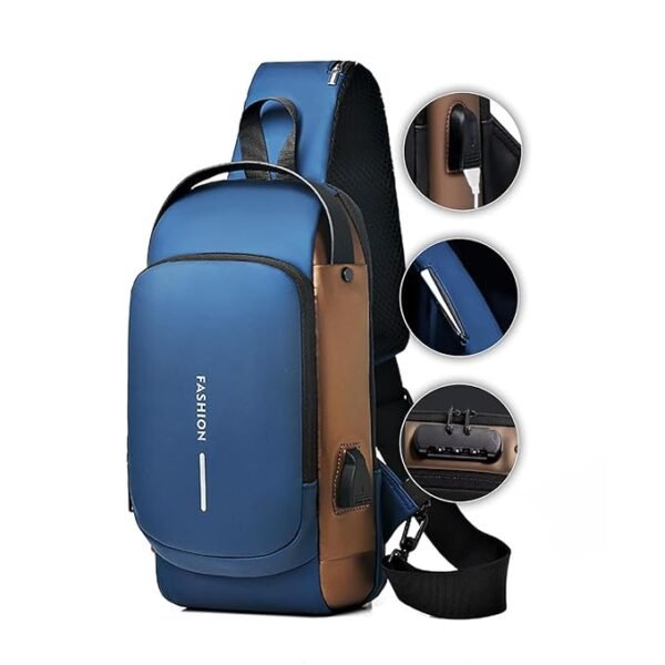 TPV® Crossbody Sling Bag For Men Women, Anti-Theft Fashion Chest Bag with USB Charging Port, Messenger Bags, Waterproof Casual Shoulder Bag ( BLUE & GOLDEN  )